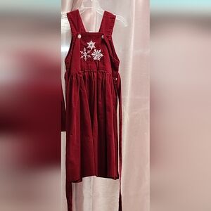 Red Pinafore Dress with Snowflake Embroidery